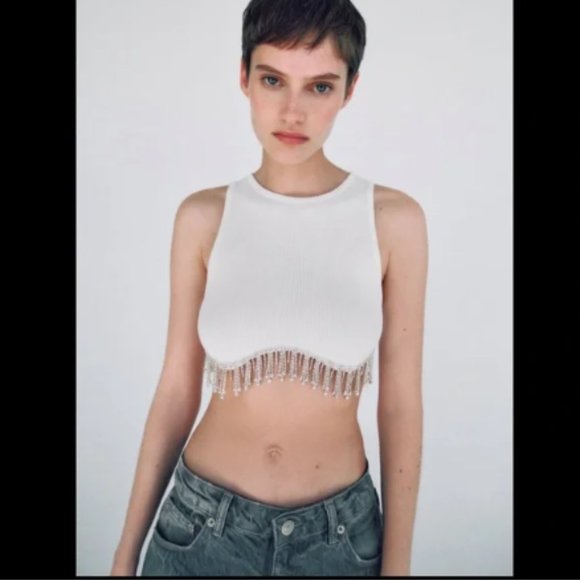 Zara Seamless Rhinestone Crop Top White Sz XS-S , M-L NWT - Picture 3 of 15